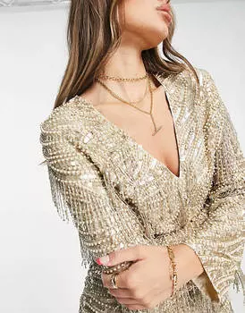 Золотое платье мини с v-образным вырезом и бахромой ASOS EDITION