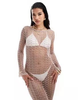 Золотое пляжное платье макси с расклешенными рукавами и низкой спинкой цвета металлик Miss Selfridge, связанное крючком