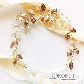 Золотой свадебный ободок с листьями и жемчугом Kokonet