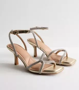 Золотые босоножки на каблуке с перекрученными ремешками, украшенными стразами New Look, золотой