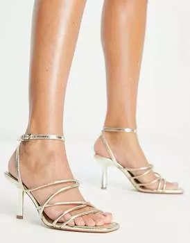 Золотые босоножки на каблуке с ремешками и квадратным носком Stradivarius