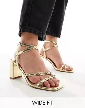 Золотые босоножки на среднем каблуке с шипами ASOS DESIGN Wide Fit Hampstead