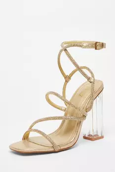 Золотые босоножки с ремешками на каблуке со стразами QUIZ Clothing