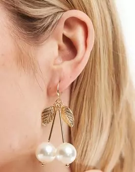 Золотые серьги-подвески с искусственным жемчугом и вишней ASOS