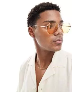 Золотые солнцезащитные очки Bershka в шестиугольной оправе с желтыми линзами