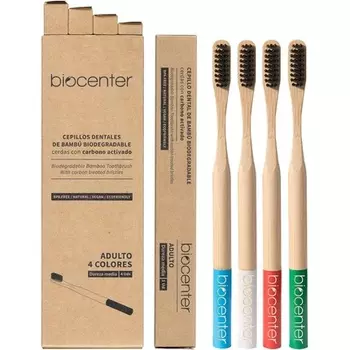 Зубная щетка Biocenter с бамбуком и активированным углем для взрослых, 4 разных цвета, 10 г — упаковка из 4 шт.