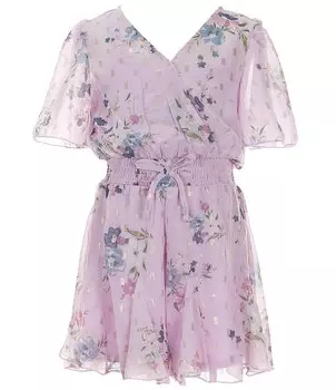 Zunie Big Girls 7-16 Шифоновый комбинезон с короткими рукавами и принтом, присборенной талией и воланами, фиолетовый