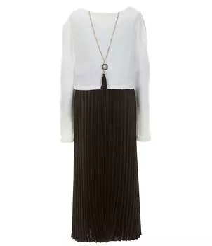 Zunie для больших девочек 7–16 лет с блестящим матовым свитером с длинными рукавами, вязаный свитер-поповер и плиссированное атласное платье-комбинация без рукавов, бежевый