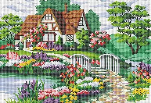Алмазная вышивка «Мостик в цветах»