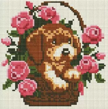 Алмазная вышивка «Щенок в корзинке»