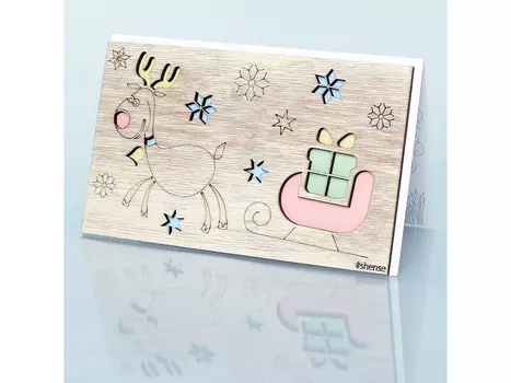 Деревянная открытка «Оленёнок и сани»