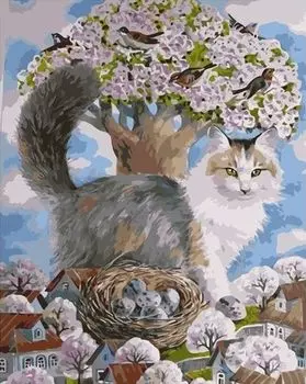 Картина по номерам «Кот и цветущее дерево»