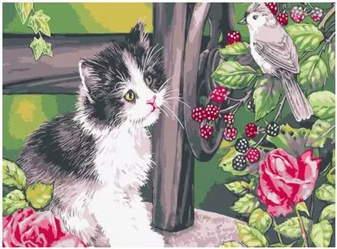 Картина по номерам «Котенок с птичкой в ежевике»