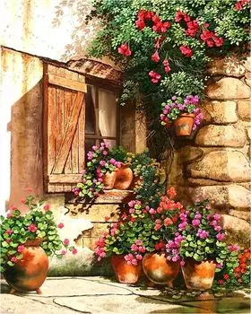 Рисунок на ткани «Горшки у дома»