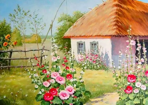 Рисунок на ткани «Мальвы у хатки»