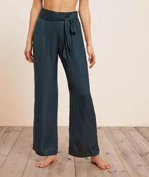 Атласные брюки широкого кроя с поясом - EWELINA - Бутылочно-зеленый - XS