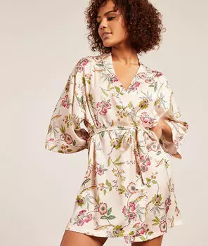 Атласный халат-кимоно с цветочным принтом - STRALE - Экрю - S