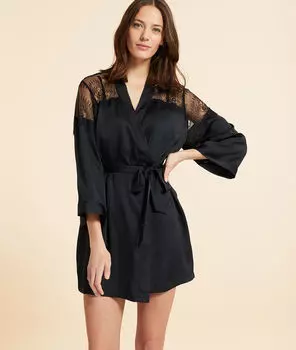 Атласный халат-кимоно с кружевной отделкой - CRUSH - Чёрный - S