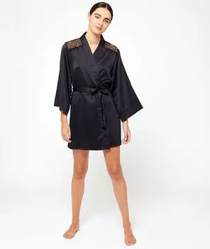 Атласный пеньюар с кружевными вставками на плечах и на спинке - CARMEN - Чёрный - XS