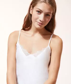 Атласный топ-камисоль с тонким кружевом - SINERGIE - Экрю - M