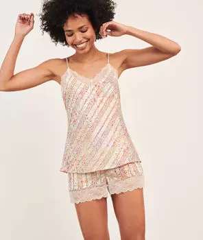 Атласный топ с цветочным принтом и мерцающей поверхностью - NINE - Розовый - XS