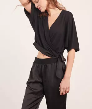 Атласный топ с драпировкой на запах - HARYA - Чёрный - XL