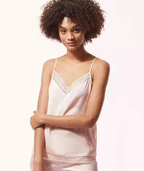 Атласный топ с кружевным декольте - CAFEINE - Пудровый розовый - XL