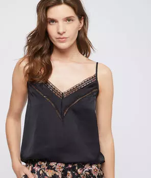 Атласный топ с кружевом по линии декольте - COCO - Чёрный - S