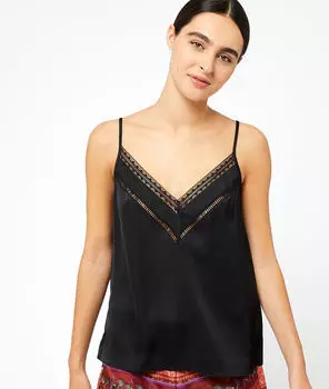 Атласный топ с кружевом по линии декольте - COCO - Чёрный - L