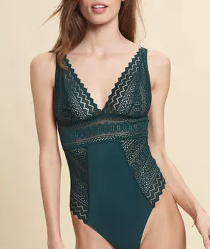 Боди из графичного кружева и микрофибры - VOYAGE - Изумрудный - S