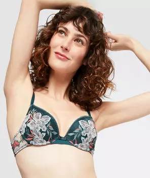 Бюстгальтер n°2 - пуш-ап с глубоким декольте, кружево с принтом - BLUSH - Зелёный - 80B