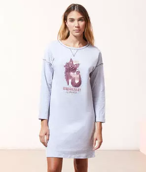 Хлопковое платье-лонгслив с принтом кошки - FLOYD - Серый - M