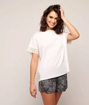 T-shirt à bords dentelle - SAINA - ECRU - XL