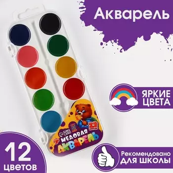 Акварельные краски медовые 12 цветов в пластиковой коробке, без кисти