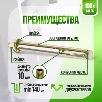 Анкерный болт лом, с гайкой, оцинкованный, 12х129 мм, 40 шт