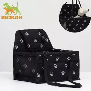 Автокресло для животных 40*30*25 см, черное с белыми лапками и косточками