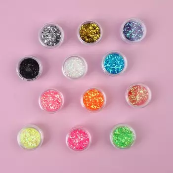 Блестки для декора, крупные, набор 12 баночек, в пластиковом органайзере, разноцветные