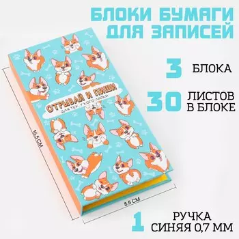 Блок для записей 3 шт. по 30 листов, стикеры, ручка шариковая синяя паста 0,7 мм