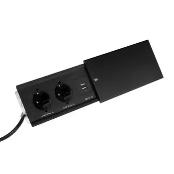 Блок розеточный в стол, сдвижная крышка, 10 а, 2 розетки, 2xusb, 2a, провод 1.8 м, черный