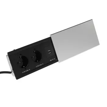 Блок розеточный в стол, сдвижная крышка, 10 а, 2 розетки, 2xusb, 2a, провод 1.8 м, серебристый