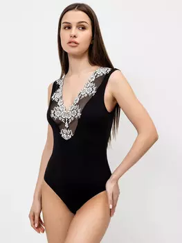 Боди женское черное из микрофибры с кружевными деталями