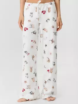 Брюки домашние женские белые с принтом котиков