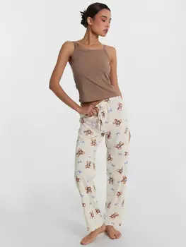 Брюки домашние женские кремовые с принтом