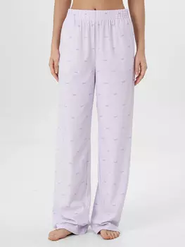 Брюки домашние женские лиловые в полоску с принтом