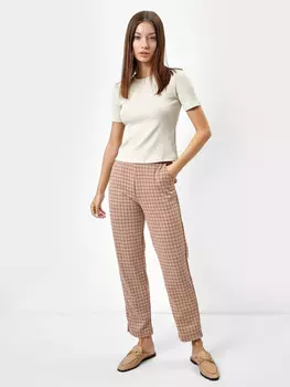 Брюки женские бежевые с принтом персиковая лапка