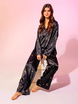 Брюки женские домашние черного цвета с принтом