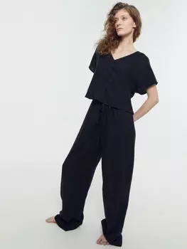 Брюки женские домашние из вискозы и льна в черном цвете