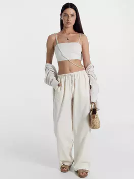 Брюки женские молочно-бежевые с жаккардовыми цветами