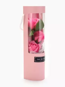 Букет из трех мыльных розовых роз в колбе.
