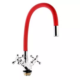 Смеситель для кухни zein z2106, двухвентильный, силиконовый излив, красный/хром